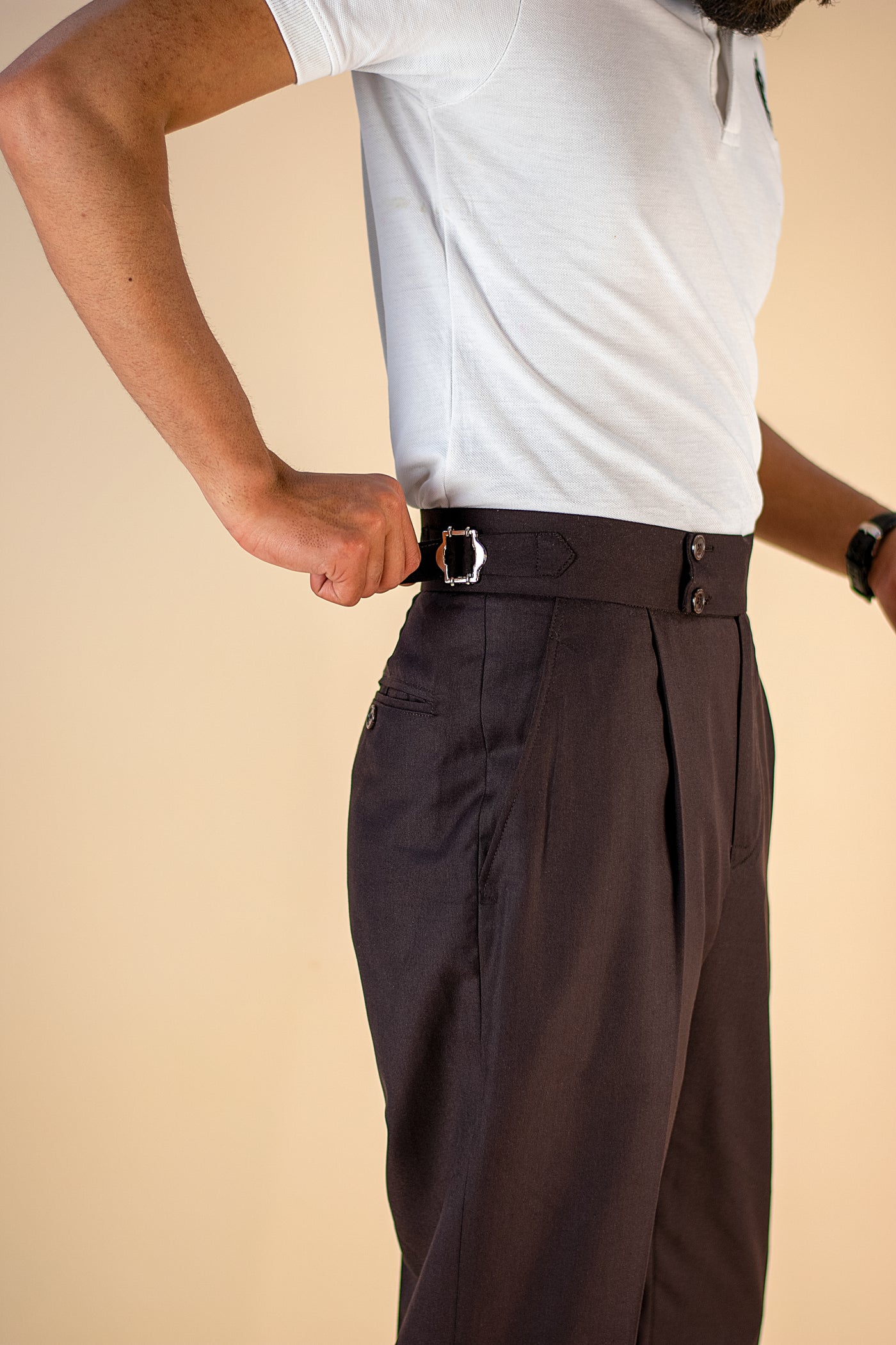BROWN SIDE TAB TROUSER SINGLE PLEATED