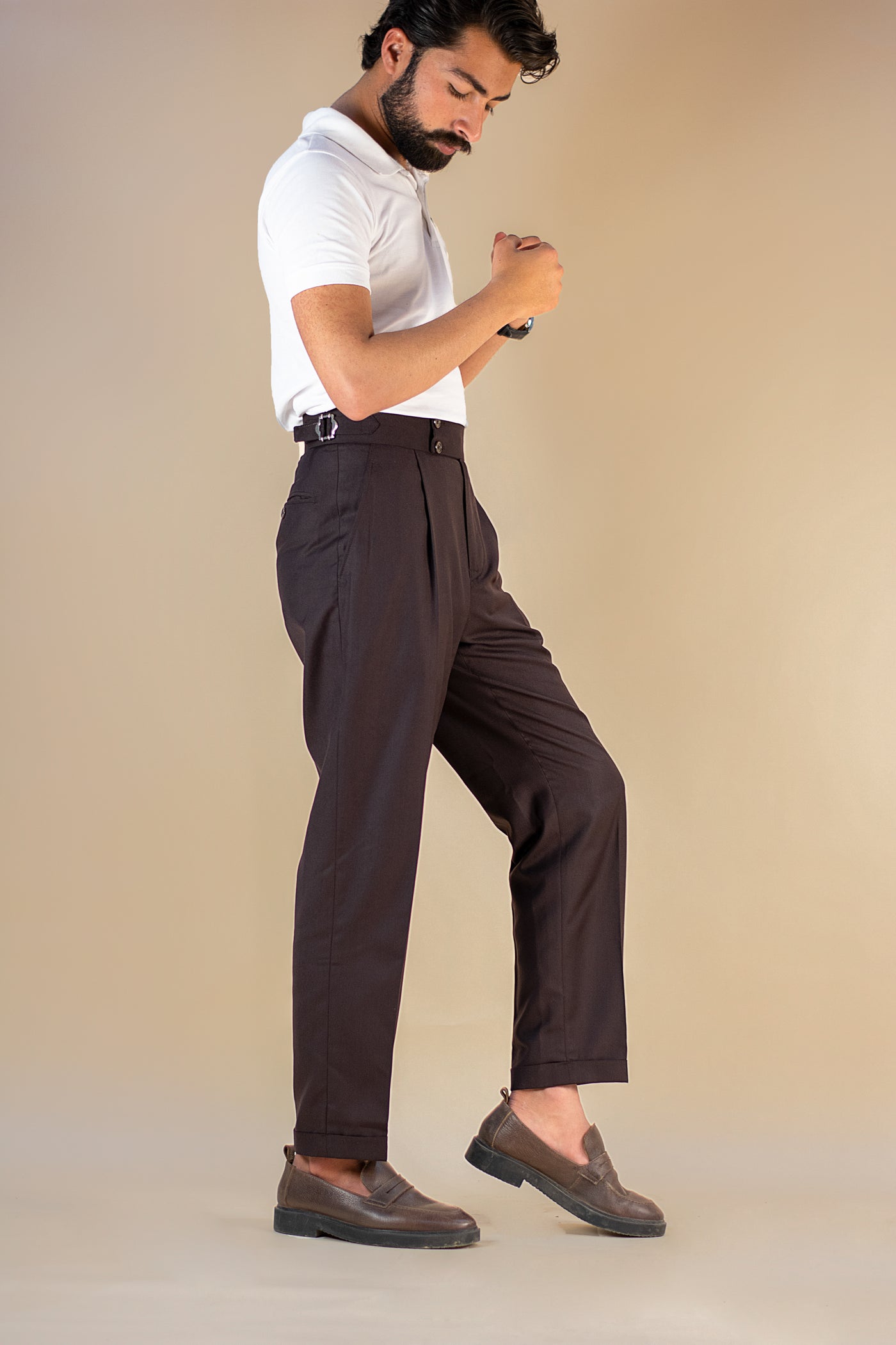 BROWN SIDE TAB TROUSER SINGLE PLEATED