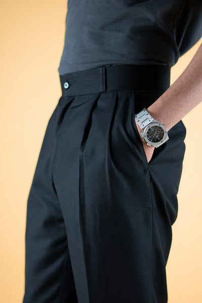 BLACK CUT BELT KOREAN DOUBLE PLEATED PANT