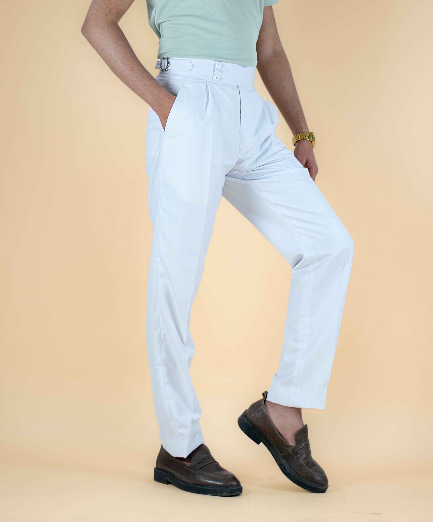 PURE WHITE PLEATED SIDE TAB TROUSER