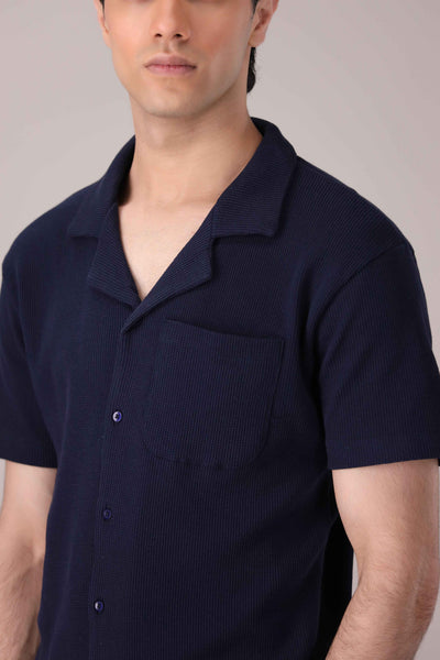 Navy Blue Waffle Knit Cuban Collar Shirt