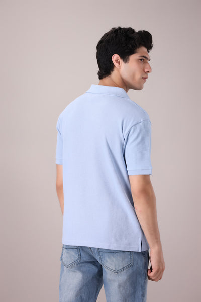 Sky Blue Johnny Collar Waffle Knitted POLO Shirt - OMH Clothing