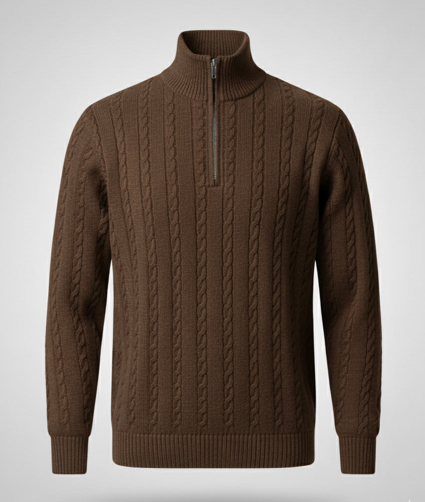 BROWN CABLE KNIT ZIPPER SWEATER