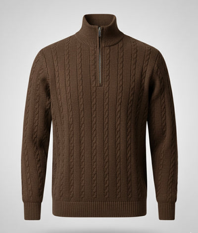 BROWN CABLE KNIT ZIPPER SWEATER