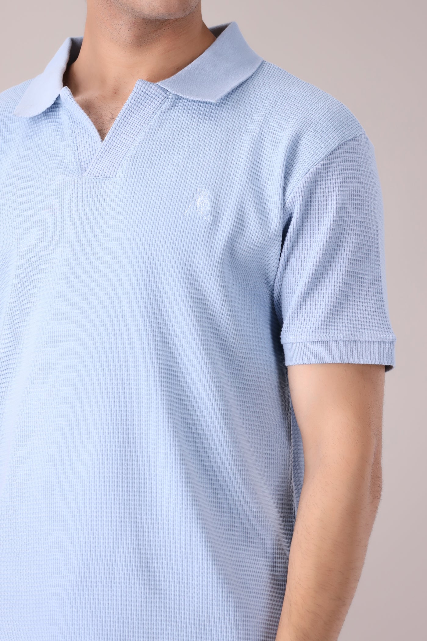 Sky Blue Johnny Collar Waffle Knitted POLO Shirt - OMH Clothing