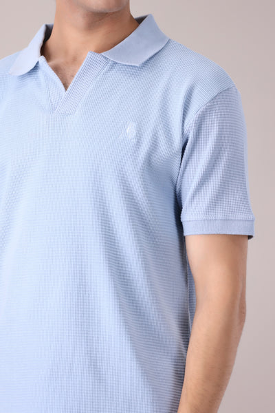 Sky Blue Johnny Collar Waffle Knitted POLO Shirt - OMH Clothing