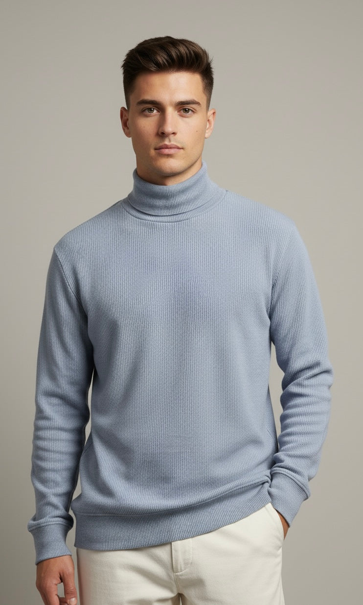 Tealish Blue Rib Knitted Turtle Neck Shirt