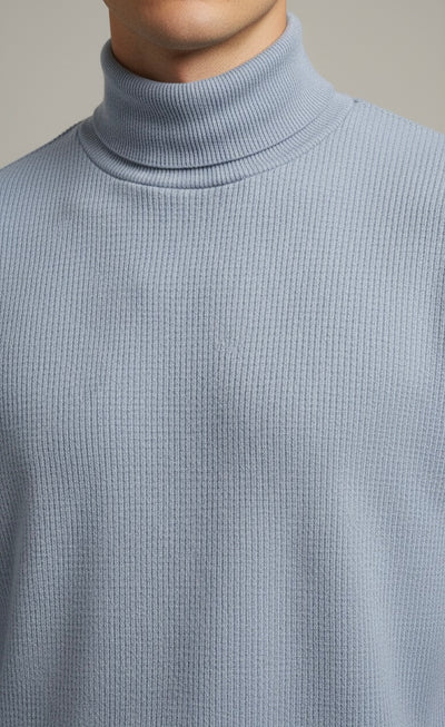 Tealish Blue Rib Knitted Turtle Neck Shirt