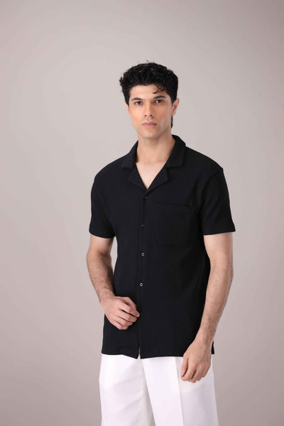 Black Waffle Knit Cuban Collar Shirt