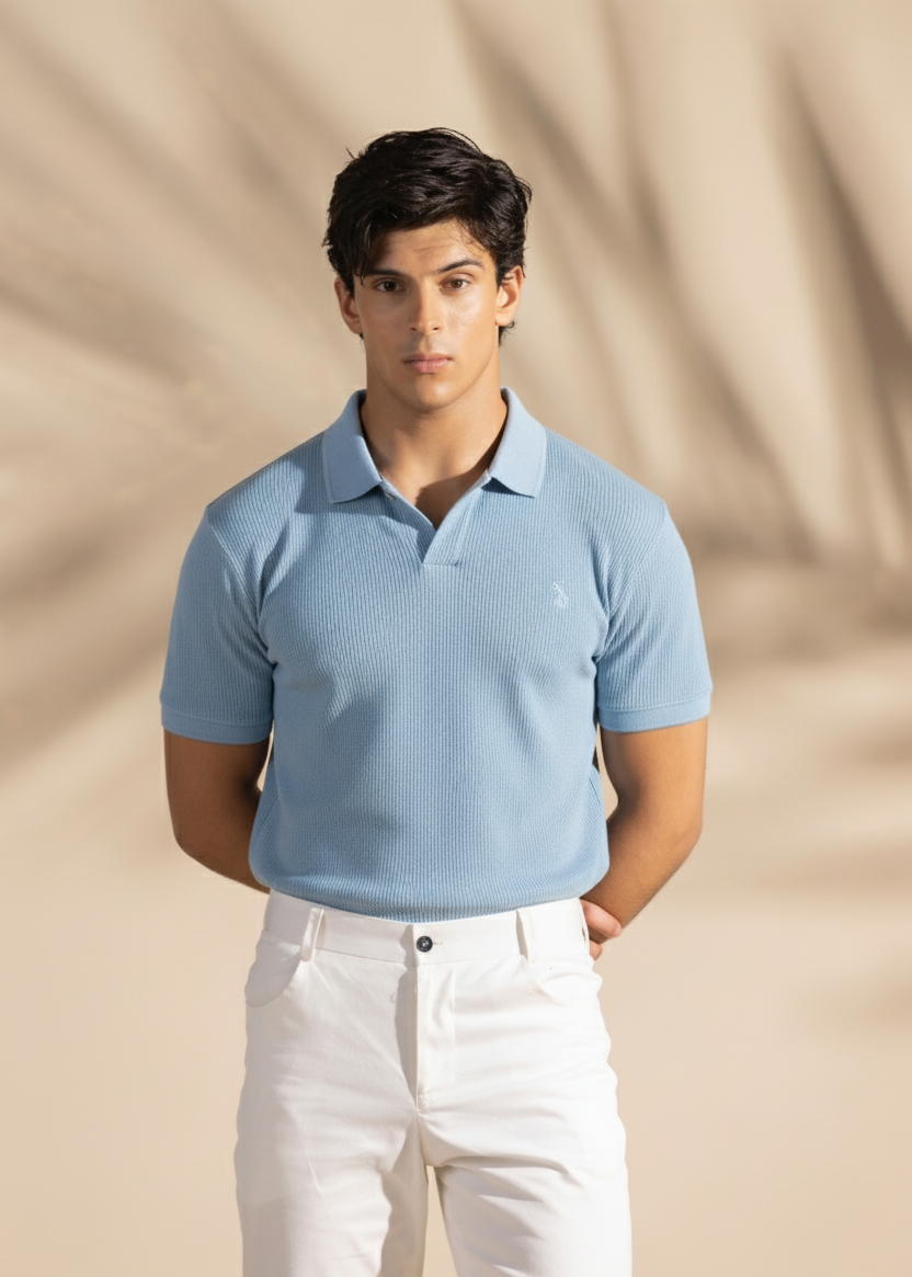 Light Blue Polo Shirt - Johnny Collar Waffle Knitted Design
