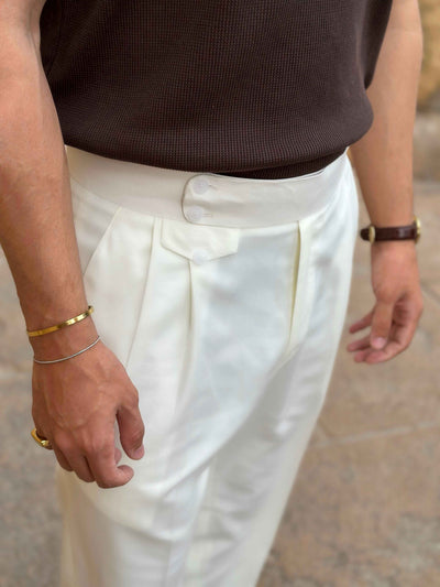 PREMIUM OFF WHITE DOUBLE PLEATED SIDE TAB TROUSER
