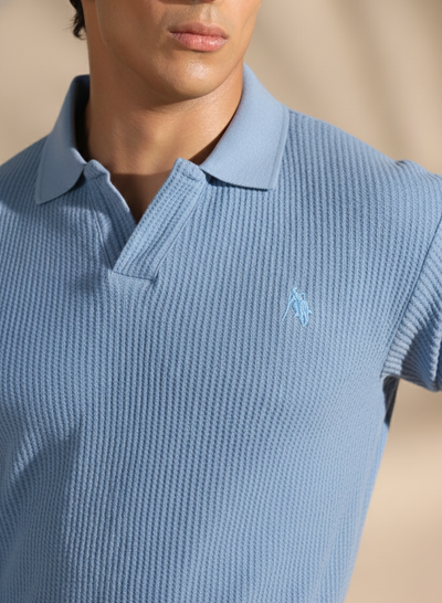 Light Blue Polo Shirt - Johnny Collar Waffle Knitted Design