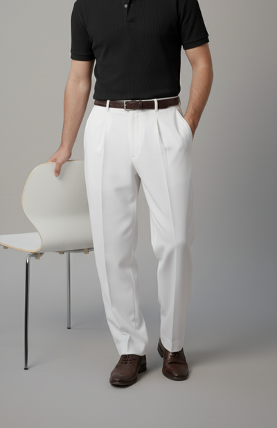 OFF WHITE CUT BELT KOREAN DOUBLE PLEATED PANT