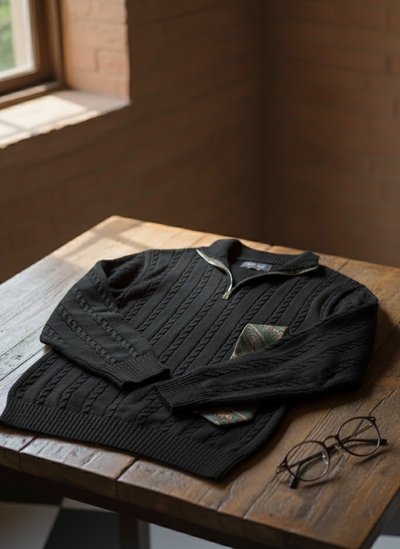 BLACK CABLE KNIT ZIPPER SWEATER