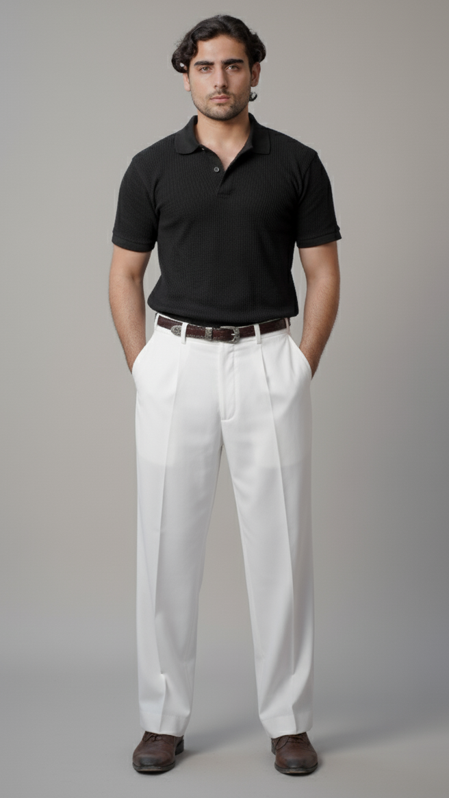 OFF WHITE CUT BELT KOREAN DOUBLE PLEATED PANT