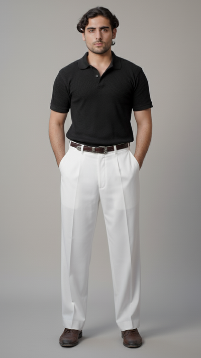 OFF WHITE CUT BELT KOREAN DOUBLE PLEATED PANT