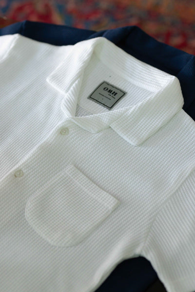 White Waffle Knitted Cuban Collar Shirt
