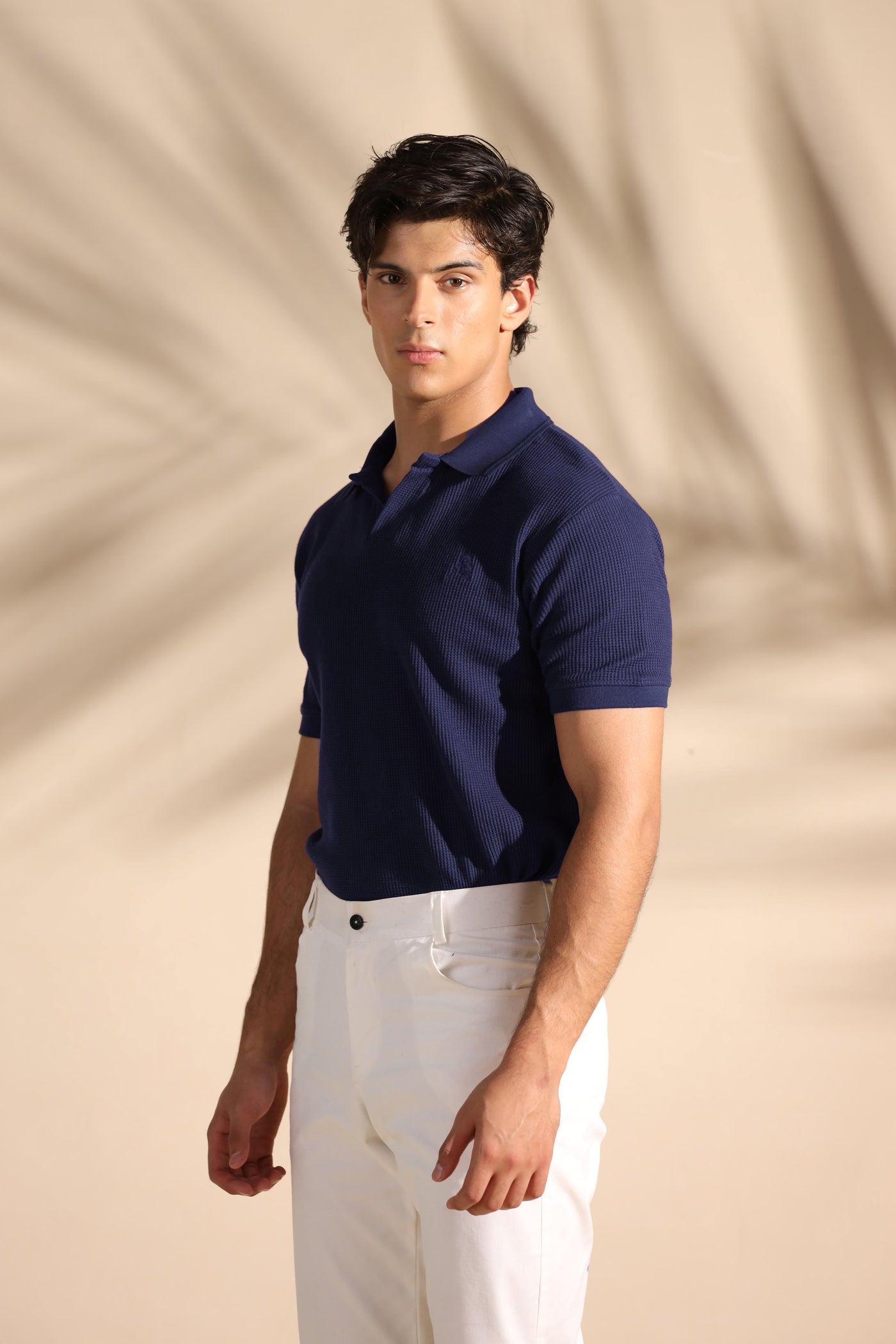 Navy Blue Johnny Collar Waffle Knit POLO Shirt - OMH Clothing