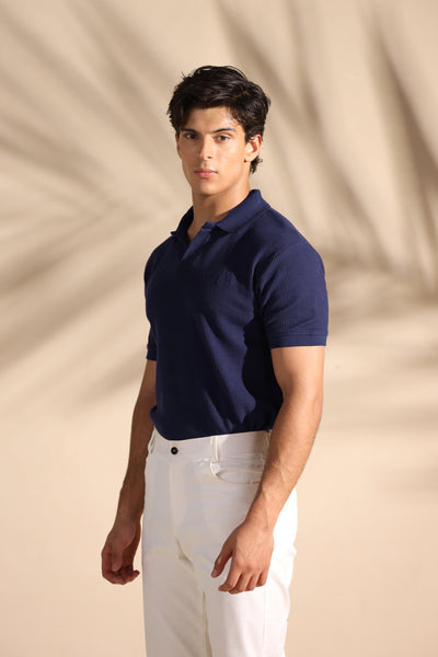 Navy Blue Johnny Collar Waffle Knit POLO Shirt - OMH Clothing