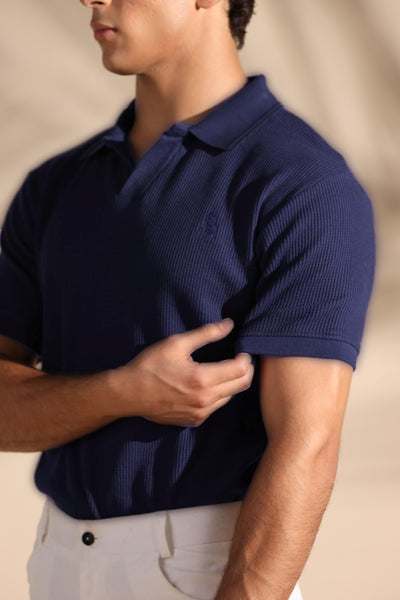 Navy Blue Johnny Collar Waffle Knit POLO Shirt - OMH Clothing