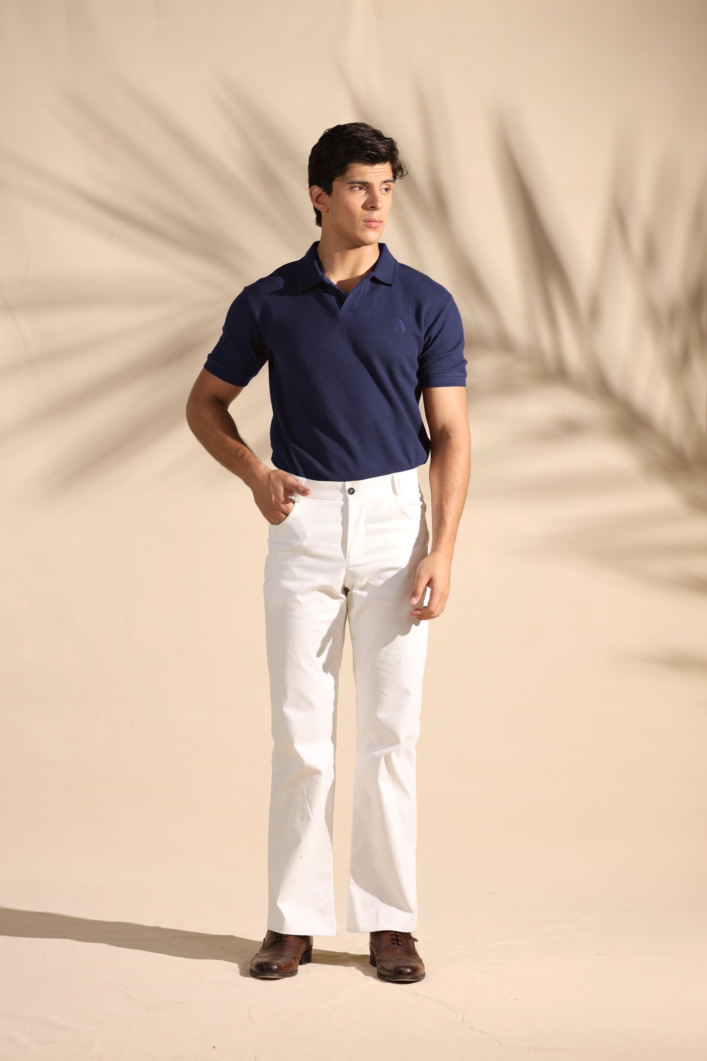 Navy Blue Johnny Collar Waffle Knit POLO Shirt - OMH Clothing