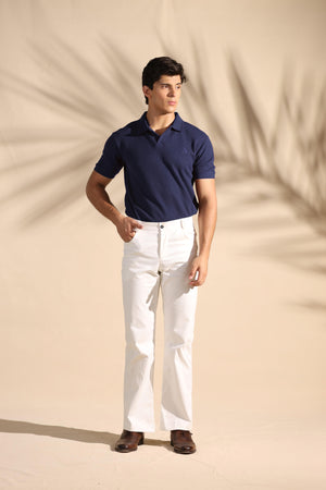 Navy Blue Johnny Collar Waffle Knit POLO Shirt - OMH Clothing