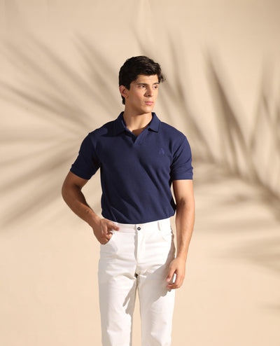 Navy Blue Johnny Collar Waffle Knit POLO Shirt - OMH Clothing