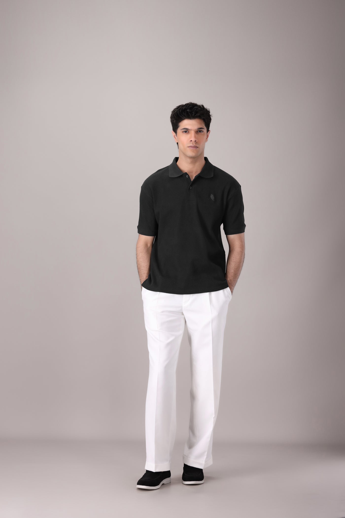 Black Waffle Knitted POLO Shirt - OMH Clothing