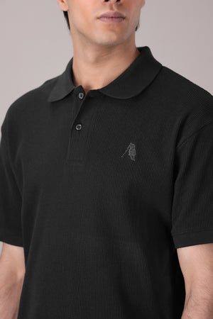 Black Waffle Knitted POLO Shirt - OMH Clothing