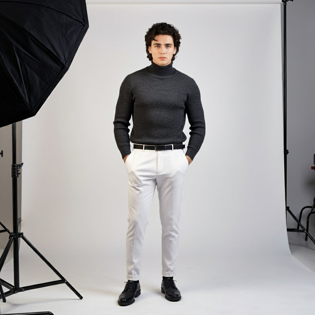 Melange Dark Grey Turtleneck Rib Knitted Shirt - OMH Clothing