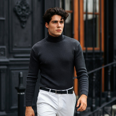 Melange Dark Grey Turtleneck Rib Knitted Shirt - OMH Clothing