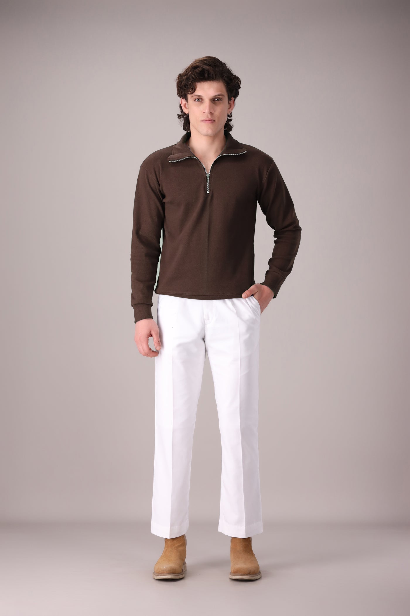 Brown Rib Knitted Quarter Zipper - OMH Clothing