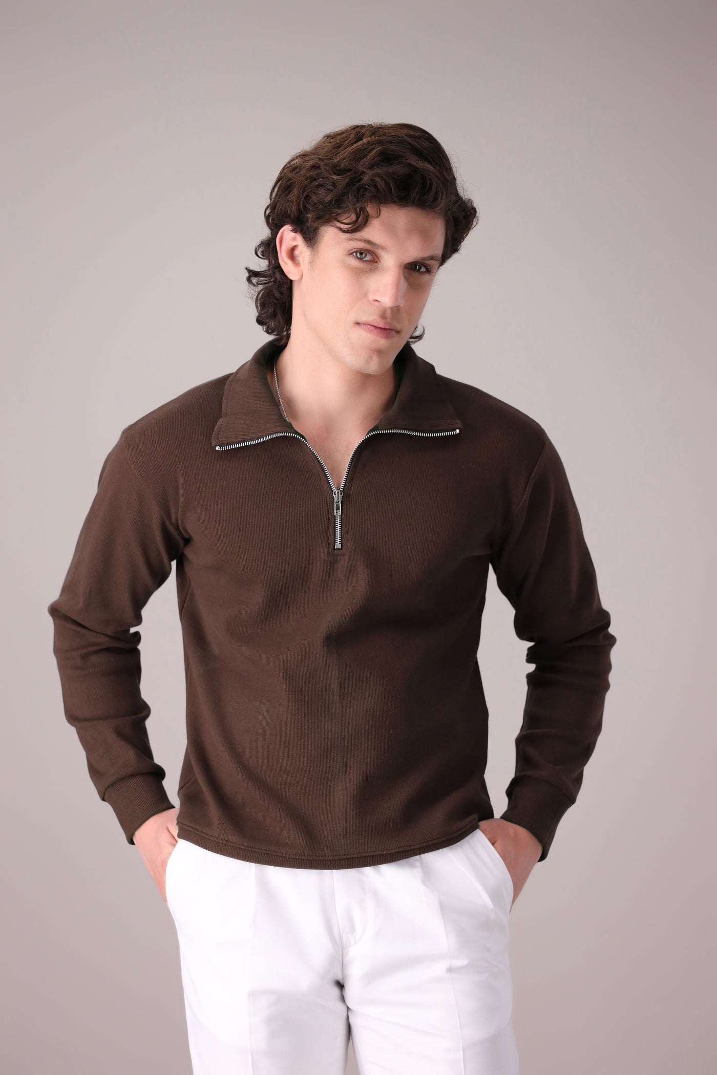 Brown Rib Knitted Quarter Zipper - OMH Clothing