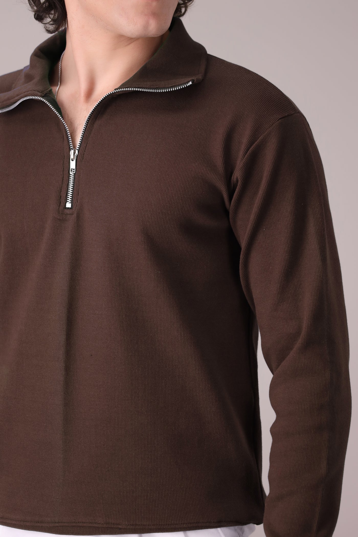 Brown Rib Knitted Quarter Zipper - OMH Clothing