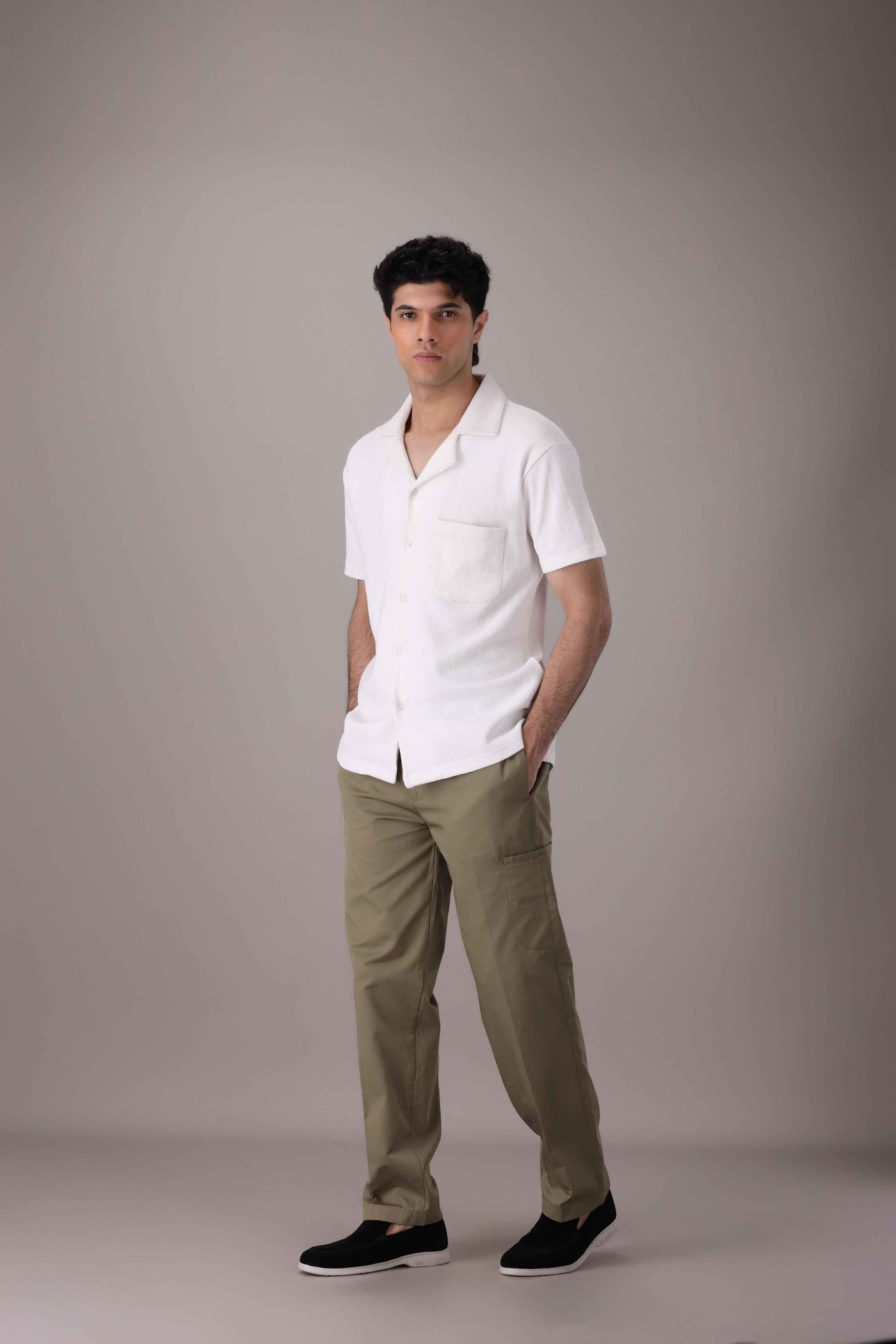 White Waffle Knitted Cuban Collar Shirt