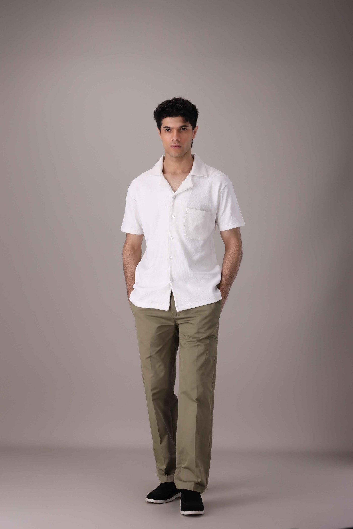 White Waffle Knitted Cuban Collar Shirt