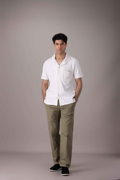 White Waffle Knitted Cuban Collar Shirt