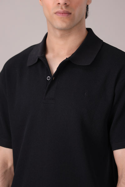 Black Waffle Knitted POLO Shirt - OMH Clothing